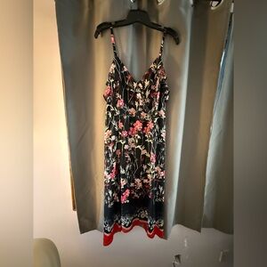 Express Black Floral Midi Slip Dress with Pink Blooms and Red Hem